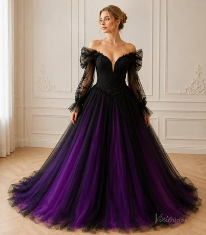 Black and purple off-the-shoulder ball gown with sheer long sleeves, lace bodice, and a voluminous layered tulle skirt.