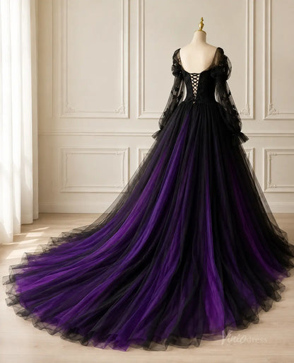 Black and purple tulle ball gown with long sheer sleeves, lace-up corset back, and a dramatic floor-length train.