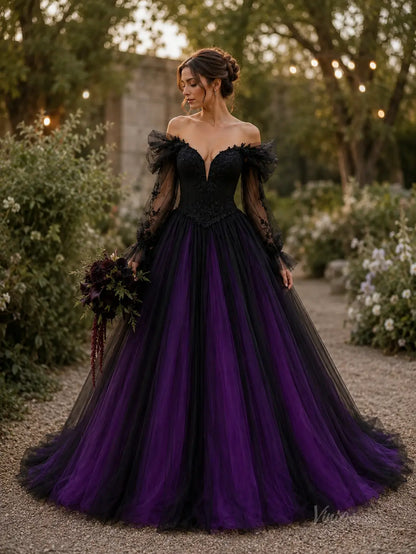 BK134 black and purple off-the-shoulder ball gown with lace bodice, sheer long sleeves, and layered tulle skirt.