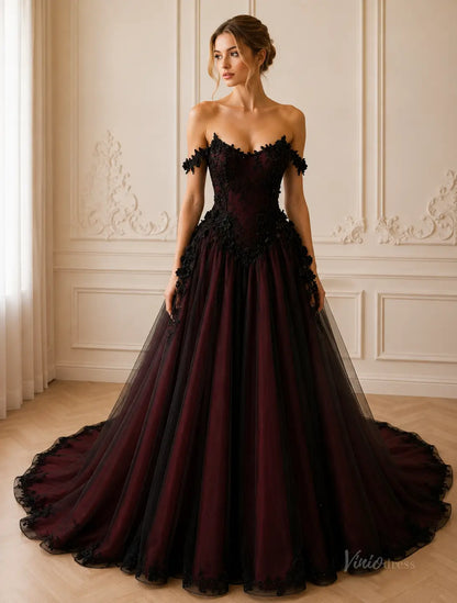 Off-the-shoulder ball gown in deep burgundy and black tulle with intricate floral lace bodice and a dramatic floor-length train.