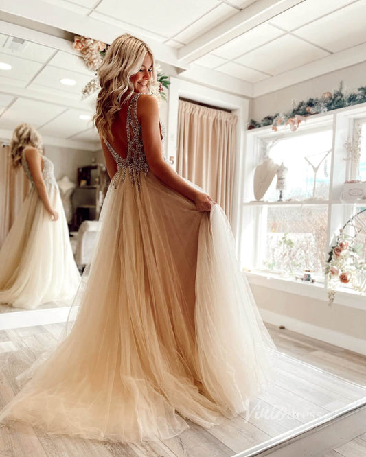 Backless Champagne A-line Prom Dresses Beaded V-neck Tulle Gown FD1293B-prom dresses 2025 -Viniodress-Champagne-Custom Size-