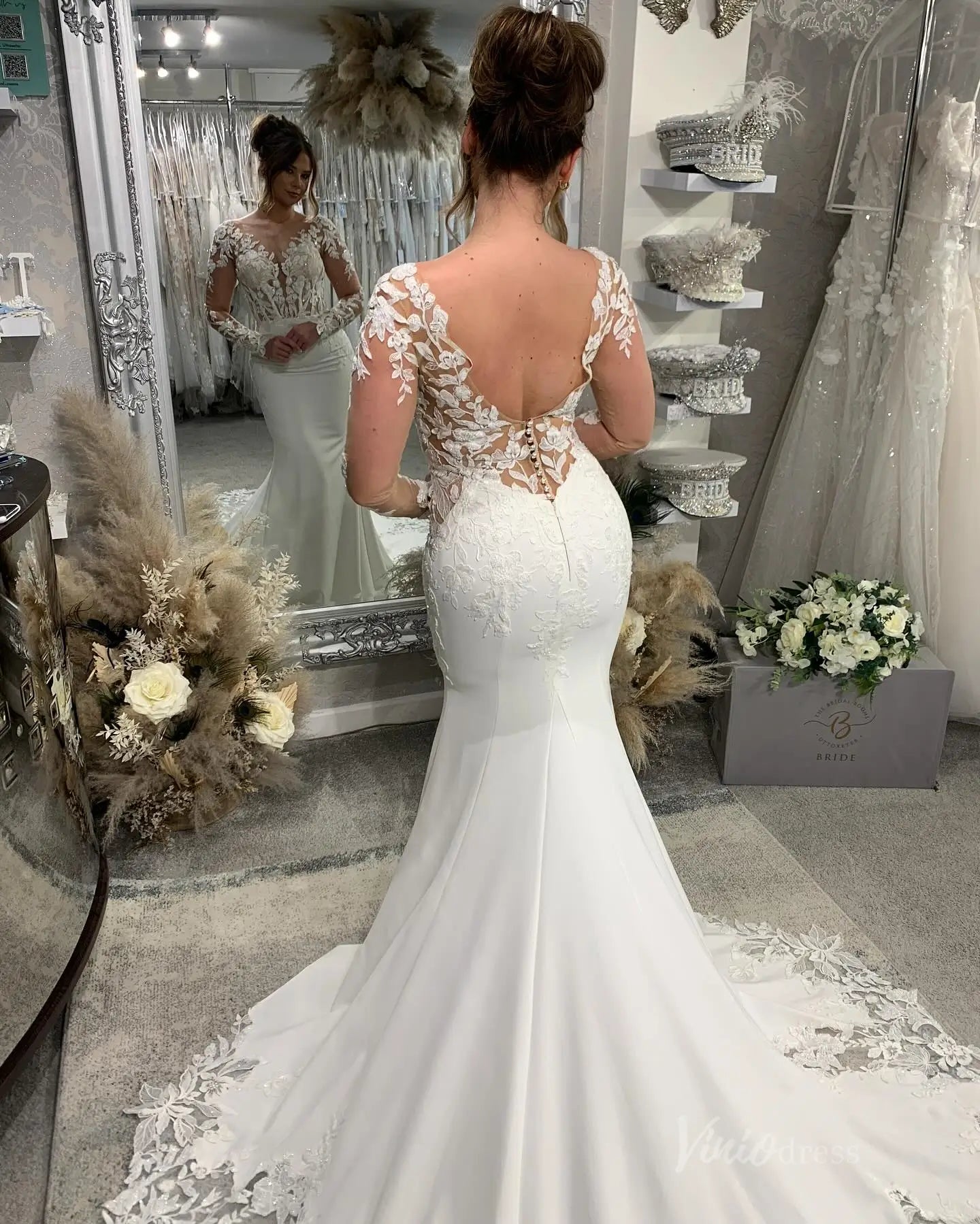 long sleeve backless mermaid wedding dress Lace Open Back Mermaid Sheer Long Sleeve Halter Wedding Dress