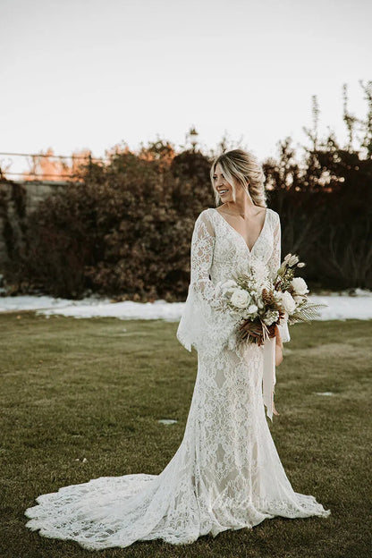 Backless Sheath Lace Boho Wedding Dress with Long Bell Sleeves VW1087-wedding dresses 2025 -Viniodress-Ivory-Custom Size-