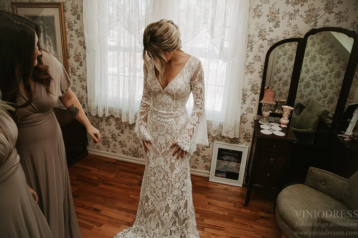Backless Sheath Lace Boho Wedding Dress with Long Bell Sleeves VW1087-wedding dresses 2025 -Viniodress-Ivory-Custom Size-