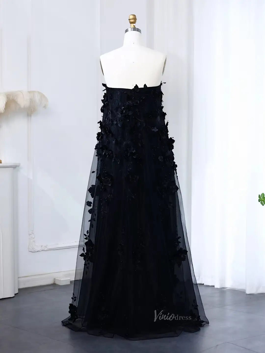 Balck Floral Prom Dresses Long 3D Flower Formal Dresses A-line BD015-prom dresses 2025 -Viniodress-Black-US 2-