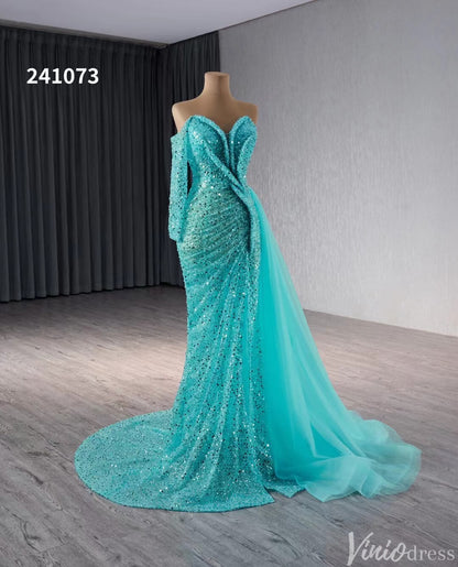 Beaded Aqua Blue Wedding Dresses Mermaid Overskirt Prom Dress with Slit 241073-Evening Dresses 2025 -Viniodress-Aqua-Custom Size-