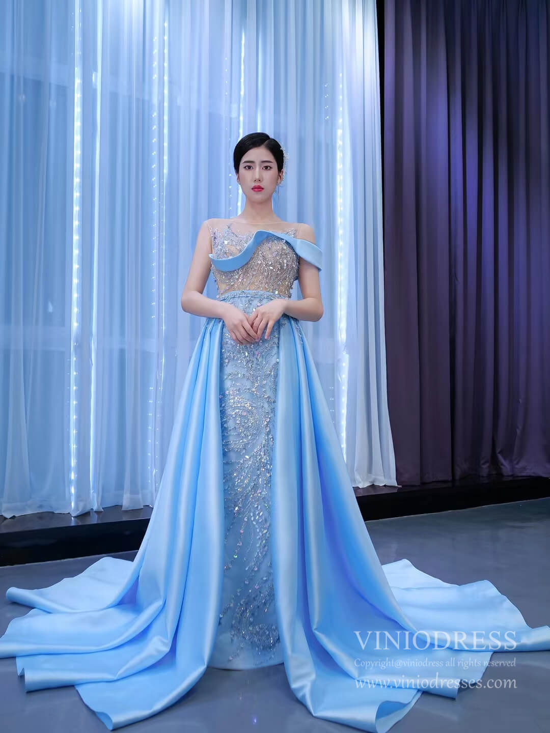 Beaded Baby Blue Overskirt Prom Dresses VINIODRESS viniodress-prom dresses 2025 -Viniodress-Light Blue-Custom Size-