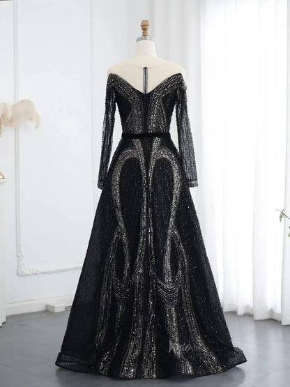 Beaded Black Prom Dresses Long Sleeve A-line Mafia Formal Dresses BD01 – Viniodress