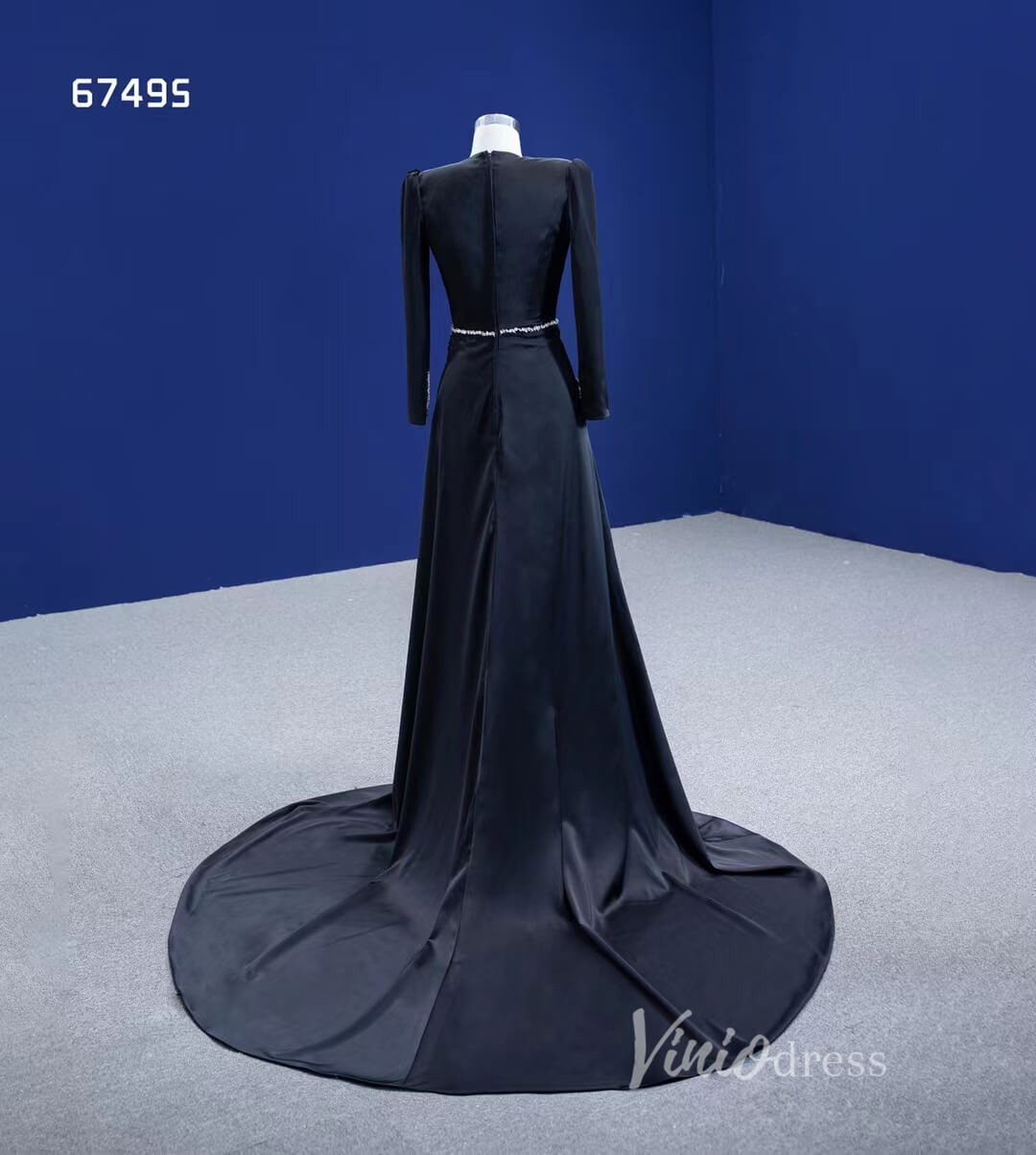 Beaded Black Satin Sheath Formal Dress with Long Sleeve 67495-prom dresses 2025 -Viniodress-Black-Custom Size-