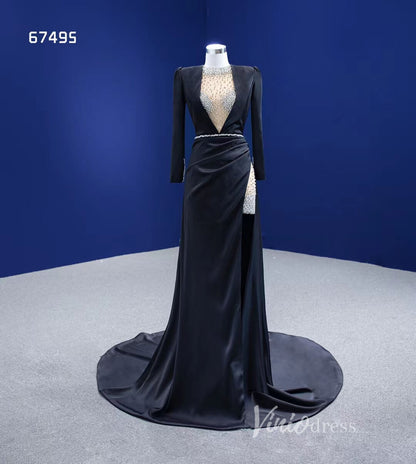 Beaded Black Satin Sheath Formal Dress with Long Sleeve 67495-prom dresses 2025 -Viniodress-Black-Custom Size-