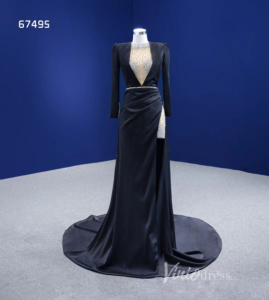 Beaded Black Satin Sheath Formal Dress with Long Sleeve 67495-prom dresses 2025 -Viniodress-Black-Custom Size-