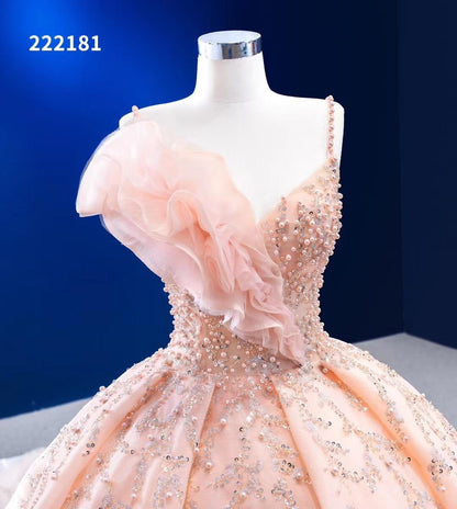 Beaded Blush Pink Ball Gown Spaghetti Strap Wedding Dresses 222181-Quinceanera Dresses 2025 -Viniodress-Blush Pink-Custom Size-