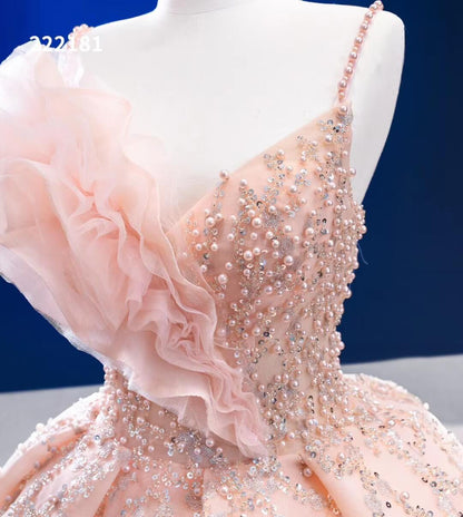 Beaded Blush Pink Ball Gown Spaghetti Strap Wedding Dresses 222181-Quinceanera Dresses 2025 -Viniodress-Blush Pink-Custom Size-