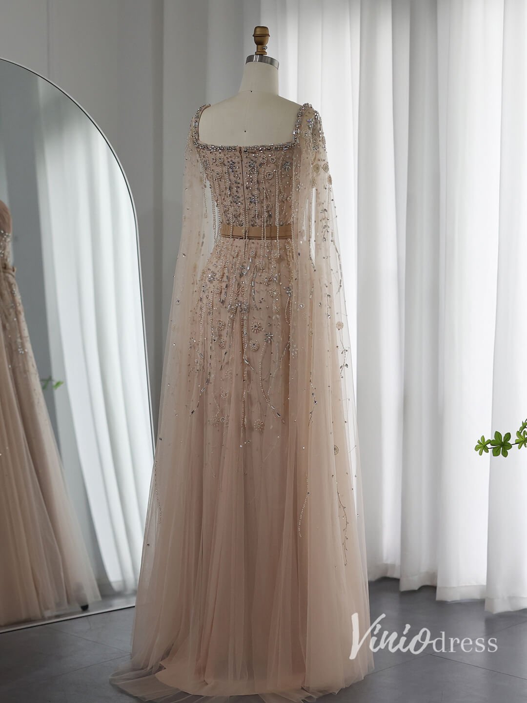 Beaded Blush Pink Evening Dresses Extra Long Sleeve Mother of the Brid – Viniodress