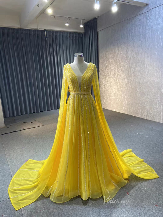 Beaded Cape Sleeve Wedding Dress V-neck Bridal Gown 222151-wedding dresses 2025 -Viniodress-Gold-Custom Size-