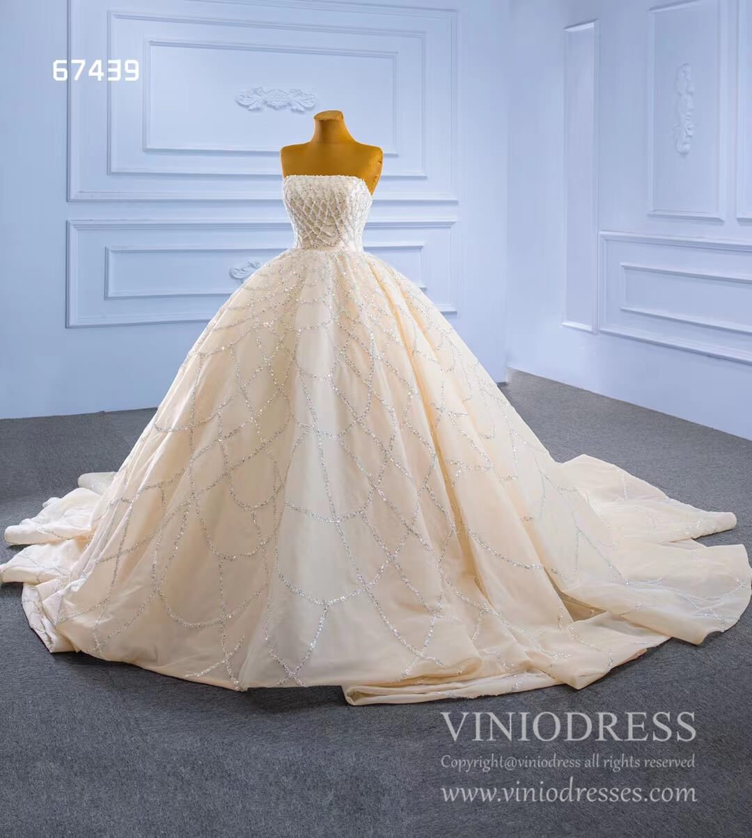 Beaded Champagne Ball Gown Wedding Dress Strapless 67439-wedding dresses 2025 -Viniodress-Champagne-Custom Size-