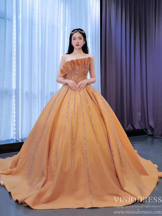 Beaded Dark Gold Prom Ball Gown Dress Vestidos De 15 Años viniodress-Quinceanera Dresses 2025 -Viniodress-Gold-Custom Size-