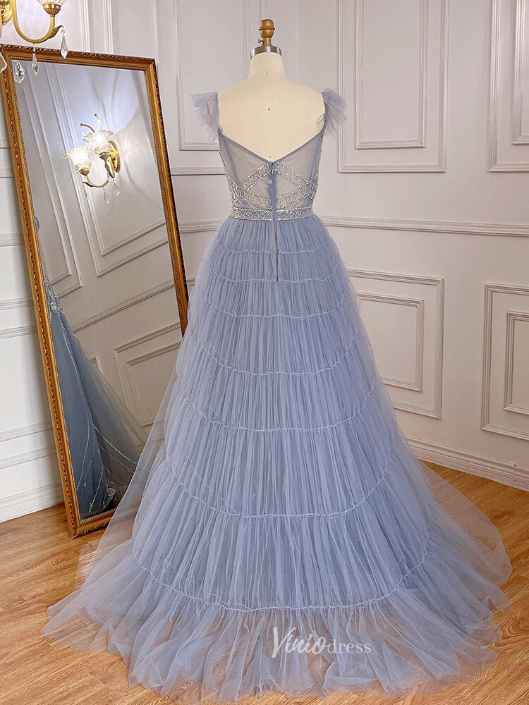 Beaded Dusty Blue Tulle Prom Dresses Plunging V-neck Formal Dress 2004 – Viniodress