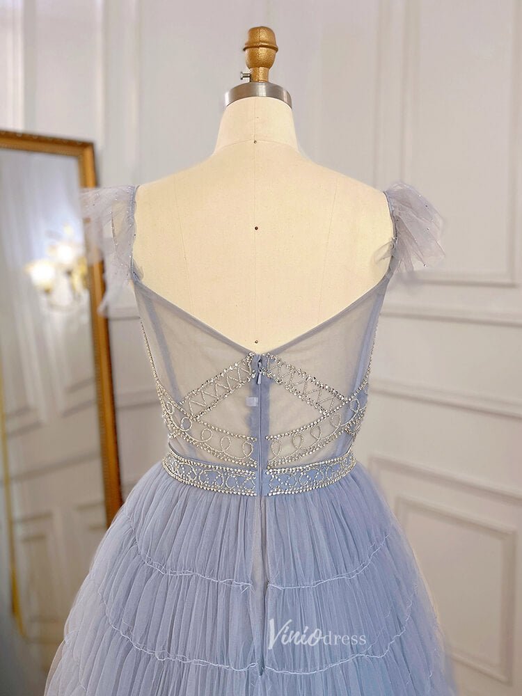 Beaded Dusty Blue Tulle Prom Dresses Plunging V-neck Formal Dress 20041-Evening Dresses 2025 -Viniodress-Dusty Blue-US 2-