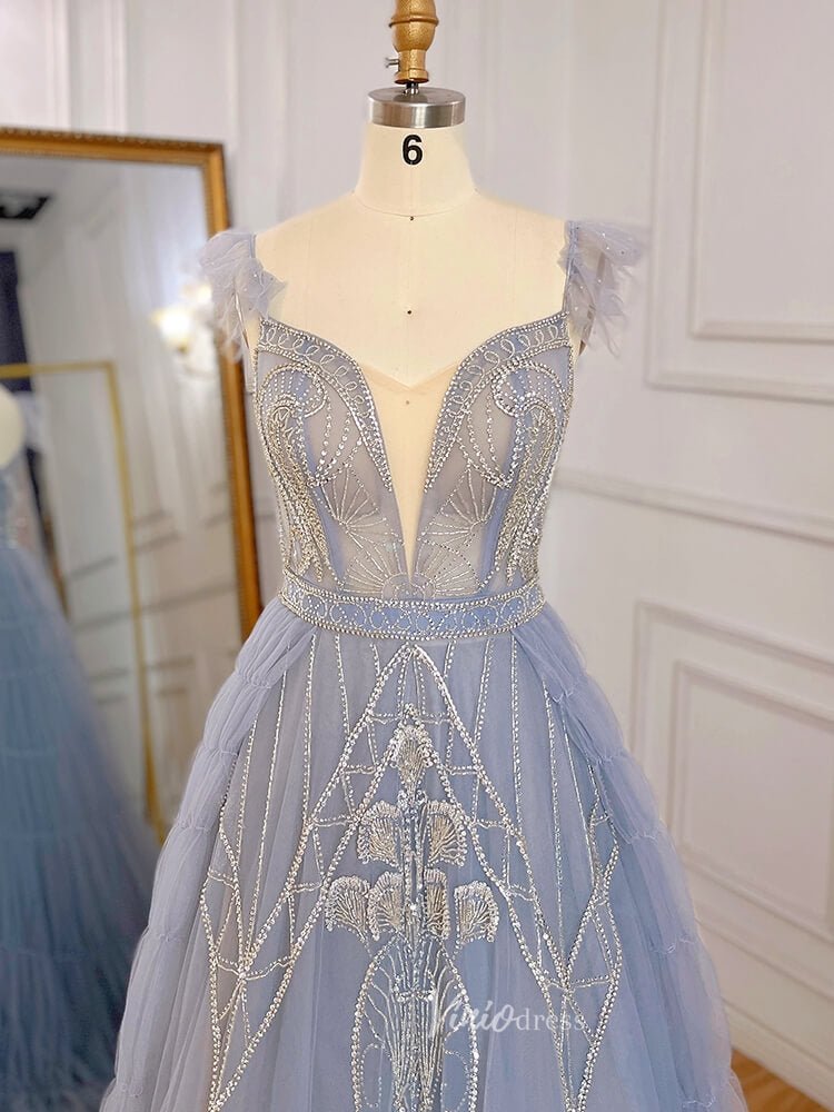 Beaded Dusty Blue Tulle Prom Dresses Plunging V-neck Formal Dress 2004 – Viniodress