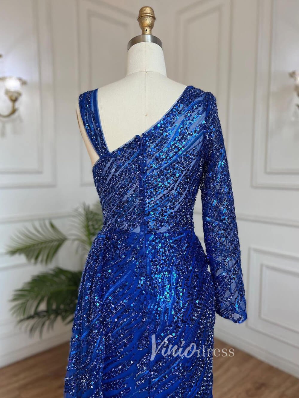 Beaded Evening Dress One Shoulder Long Sleeve Mermaid Prom Dresses 20034-Evening Dresses 2025 -Viniodress-As Picture-US 2-