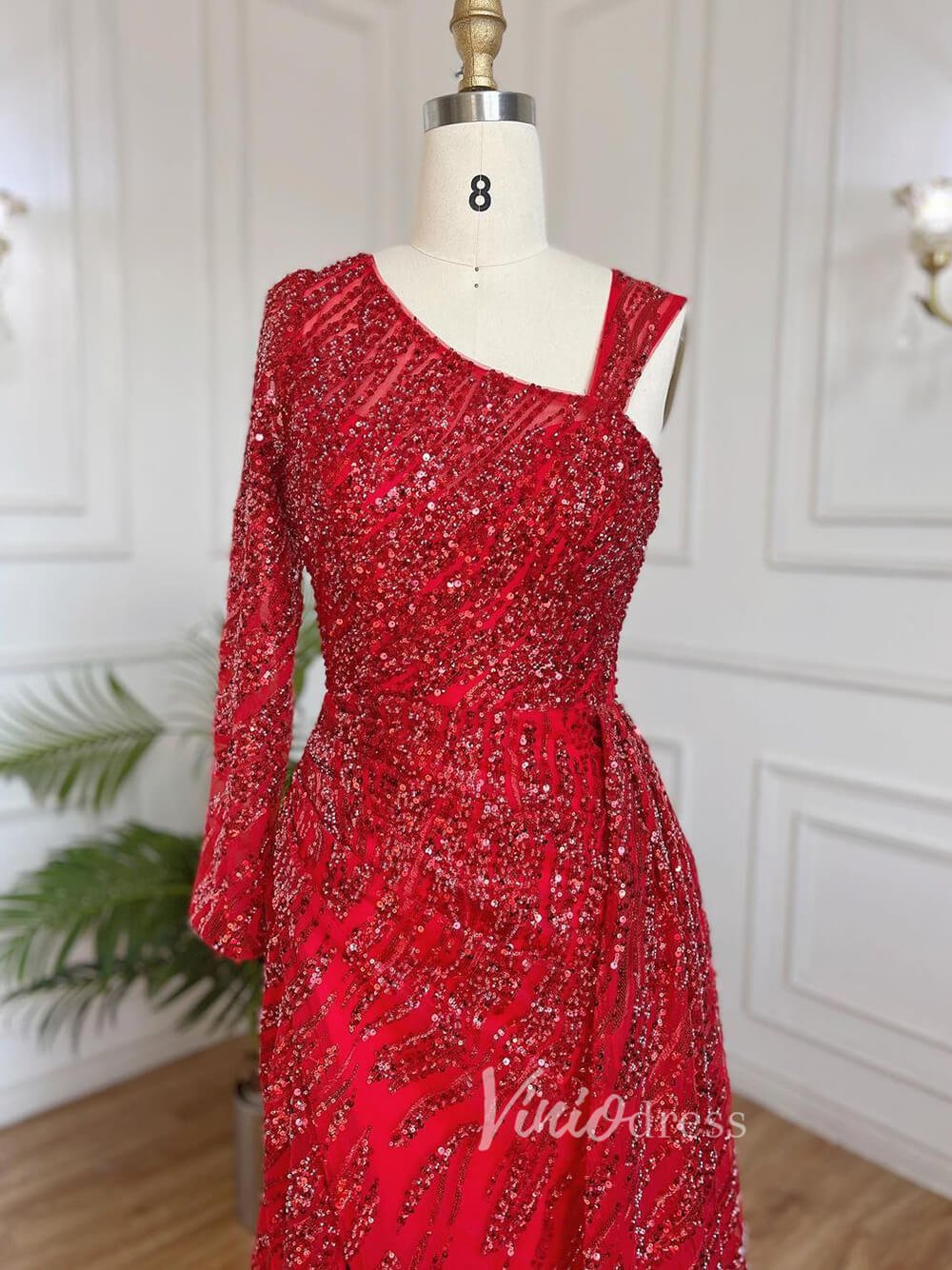Beaded Evening Dress One Shoulder Long Sleeve Mermaid Prom Dresses 20034-Evening Dresses 2025 -Viniodress-As Picture-US 2-