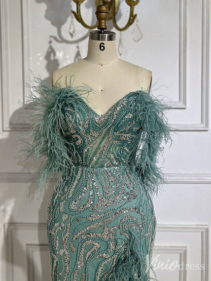 Beaded Feather Mermaid Prom Dresses with Slit Off the Shoulder Pageant Dress 20222-Evening Dresses 2025 -Viniodress-Fuchsia-US 2-