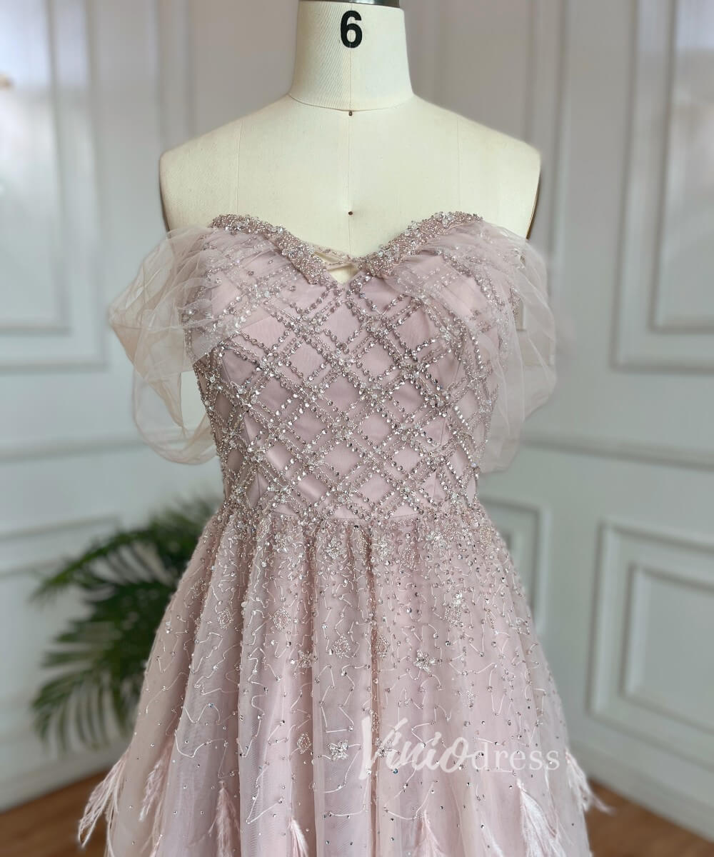 Beaded Feather Prom Dresses A-line Tulle Evening Gowns 20036-Evening Dresses 2025 -Viniodress-As Picture-US 2-