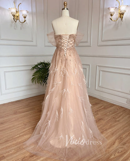 Beaded Feather Prom Dresses A-line Tulle Evening Gowns 20036-Evening Dresses 2025 -Viniodress-As Picture-US 2-