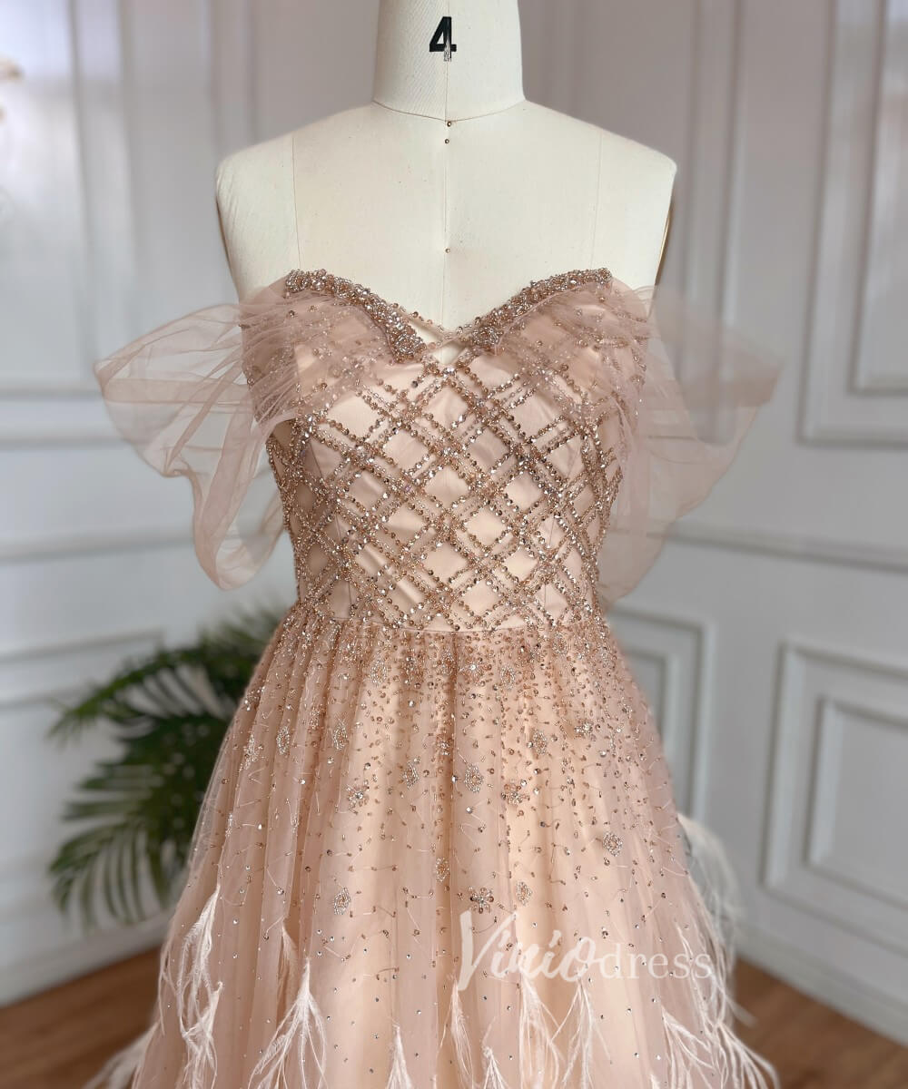 Beaded Feather Prom Dresses A-line Tulle Evening Gowns 20036-Evening Dresses 2025 -Viniodress-As Picture-US 2-