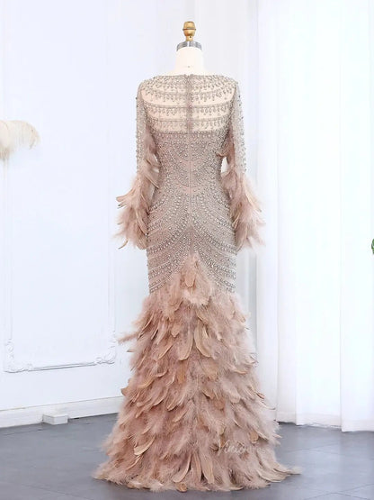 Beaded Feather Prom Dresses Long Sleeve Mermaid 20s Formal Dresses BD001-Evening Dresses 2025 -Viniodress-Nude-US 2-