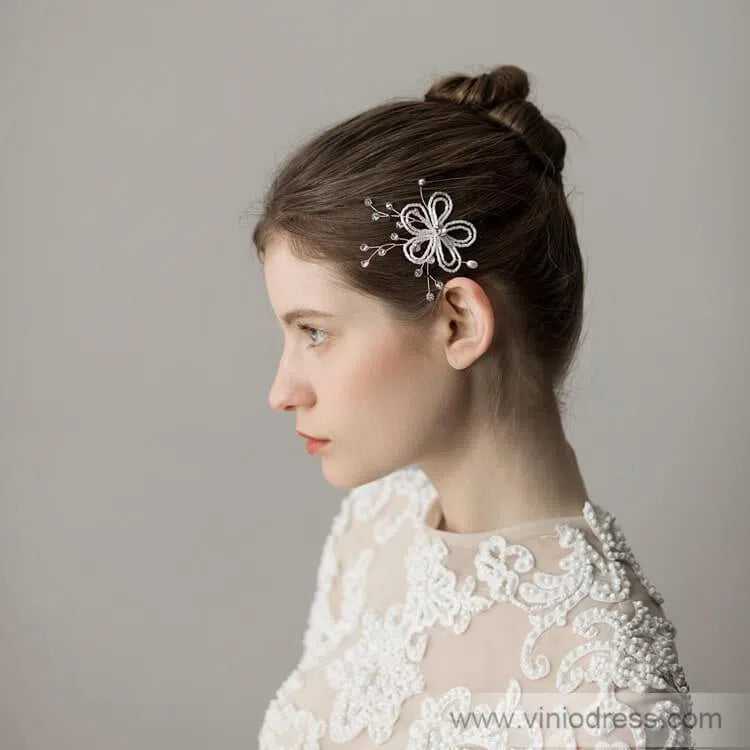 Beaded Floral Bridal Comb Silver Crystal Hairpin Viniodress ACC1131-Headpieces 2025 -Viniodress-Hairpin-