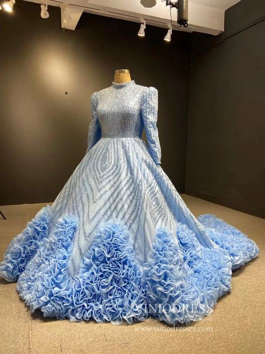 Beaded Gold Ball Gown Wedding Dress One Shoulder 67358-Quinceanera Dresses 2025 -Viniodress-Light Blue-Custom Size-
