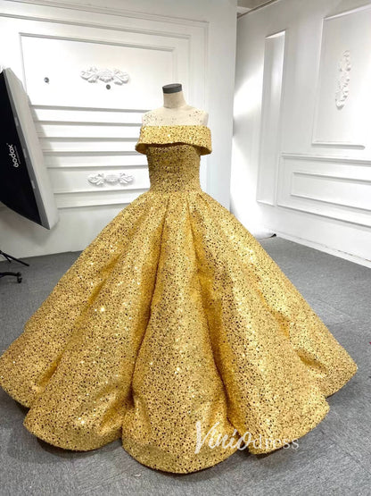 Beaded Gold Ball Gown Wedding Dresses 66567-Quinceanera Dresses 2025 -Viniodress-Gold-Custom Size-