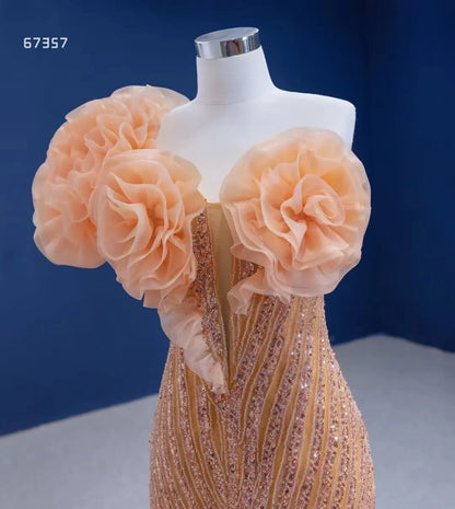 Beaded Gold Mermaid Pageant Dress One Shoulder Ruffled Prom Gown 67357 viniodress-Evening Dresses 2025 -Viniodress-Gold-Custom Size-