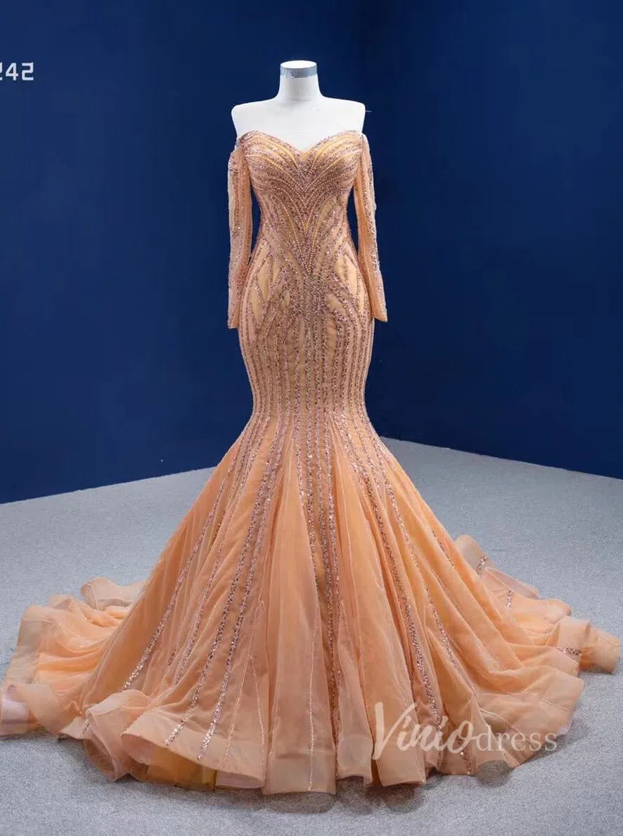 Beaded Gold Pageant Dress Mermaid Wedding Dress 67242 Viniodress-Evening Dresses 2025 -Viniodress-Gold-Custom Size-