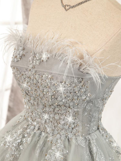 Beaded Gray Feather Homecoming Dresses SD1388 VINIODRESS-Homecoming Dresses 2025 -VINIODRESS-US2-Grey-