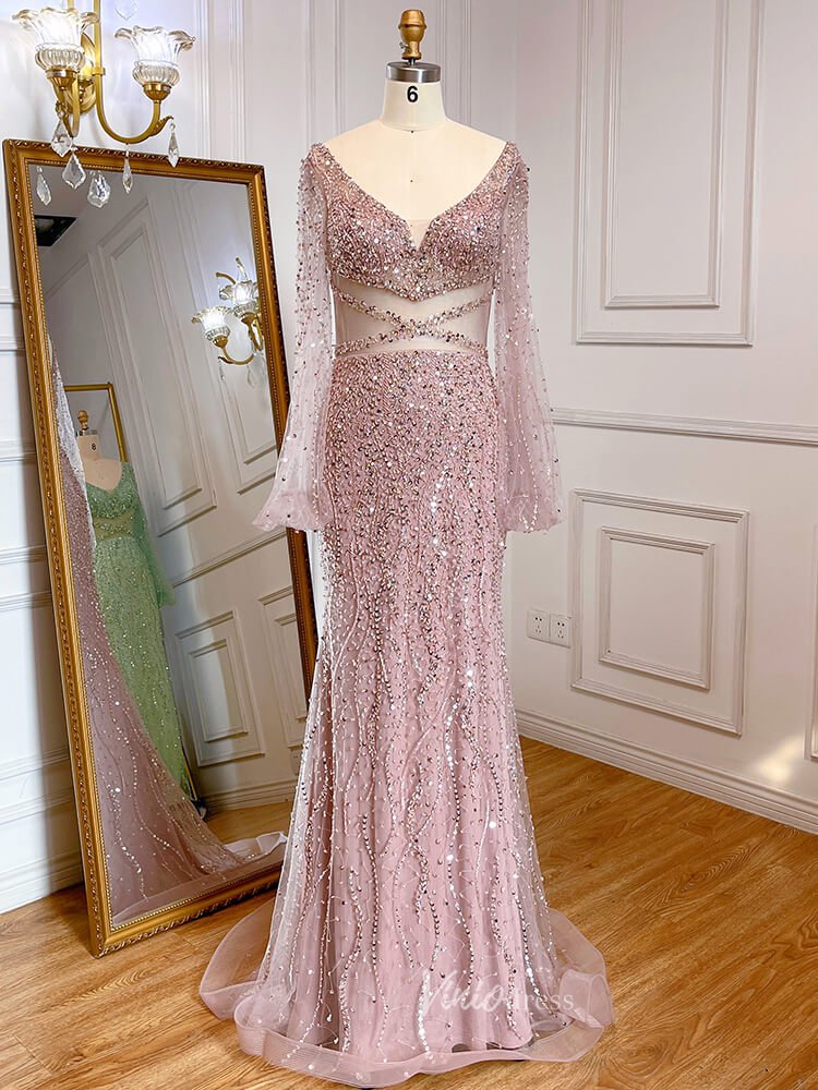 Beaded Green 1920s Evening Dresses Long Sleeve Pink Prom Dress 20046 – Viniodress