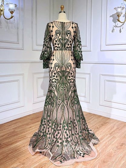 Beaded Green Mother of Bride Dress Vintage Long Sleeve Evening Dresses – Viniodress