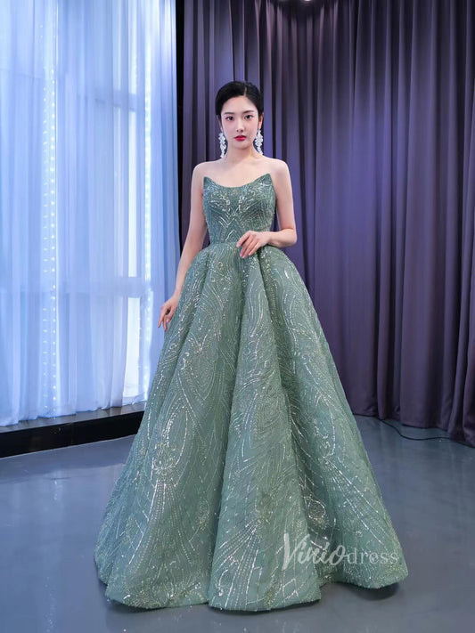 Beaded Greyish-Green Ball Gown Formal Dresses Strapless 67421-Quinceanera Dresses 2025 -Viniodress-Greyish Green-Custom Size-