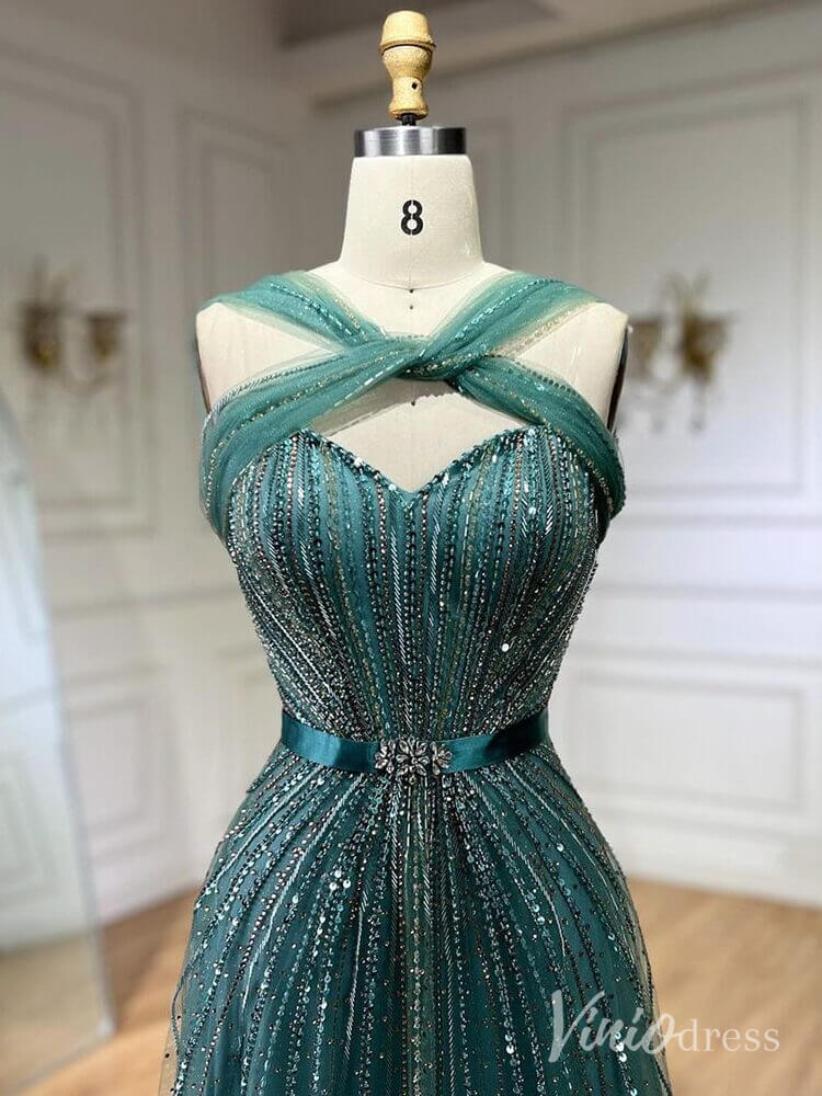 Beaded Halter Neck Prom Dresses Pageant Dress AD1240-Evening Dresses 2025 -Viniodress-Dusty Blue-US 2-