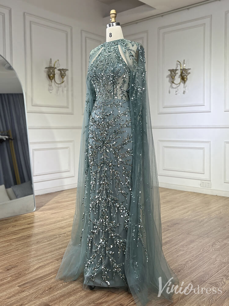 Beaded Lace Applique Mermaid Prom Dresses Cape Sleeve Pageant Dress 20231-Evening Dresses 2025 -Viniodress-Green-US 2-