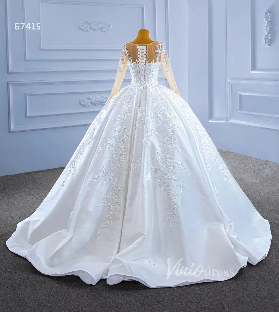 Beaded Lace Appliqued Satin Wedding Gown Long Sleeve 67415 Viniodress-wedding dresses 2025 -Viniodress-Ivory-Custom Size-