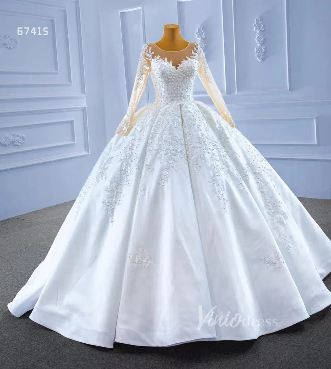 Beaded Lace Appliqued Satin Wedding Gown Long Sleeve 67415 Viniodress-wedding dresses 2025 -Viniodress-Ivory-Custom Size-