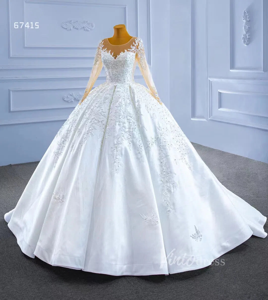 Beaded Lace Appliqued Satin Wedding Gown Long Sleeve 67415 Viniodress-wedding dresses 2025 -Viniodress-Ivory-Custom Size-