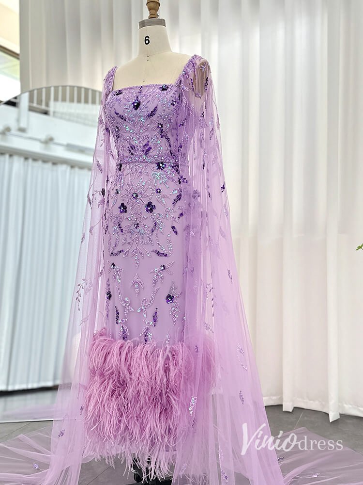 Beaded Lace Cape Sleeve Evening Dresses with Feathers Tea-Length Mother of the Bride Dress AD1150-Evening Dresses 2025 -Viniodress-Lilac-US 2-