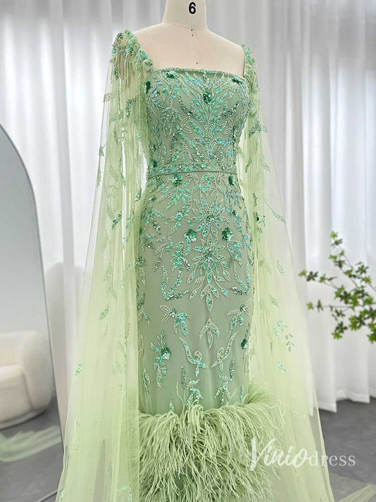 Beaded Lace Cape Sleeve Evening Dresses with Feathers Tea-Length Mother of the Bride Dress AD1150-Evening Dresses 2025 -Viniodress-Lilac-US 2-