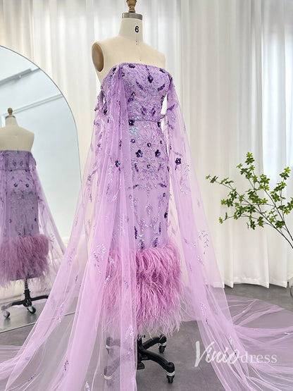 Beaded Lace Cape Sleeve Evening Dresses with Feathers Tea-Length Mother of the Bride Dress AD1150-Evening Dresses 2025 -Viniodress-Lilac-US 2-