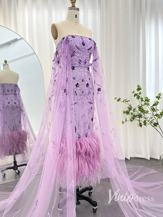 Beaded Lace Cape Sleeve Evening Dresses with Feathers Tea-Length Mother of the Bride Dress AD1150-Evening Dresses 2025 -Viniodress-Lilac-US 2-