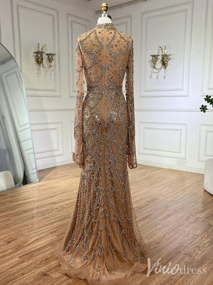 Beaded Lace Long Sleeve Prom Dresses High Neck Pageant Dress 20232-Evening Dresses 2025 -Viniodress-Black-US 2-